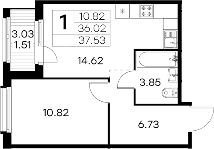 1-комнатная квартира 37.53 м², 8/15 эт., ЖК «GloraX Парголово»